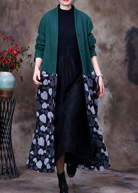 Schicke grüne V-Ausschnitt Patchwork Kaschmirmäntel Winter