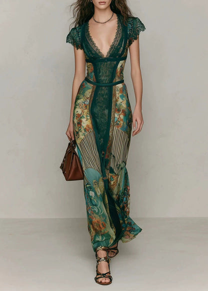 Chic Green V Neck Print Lace Patchwork Cotton Long Dresses Summer