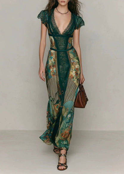 Chic Green V Neck Print Lace Patchwork Cotton Long Dresses Summer