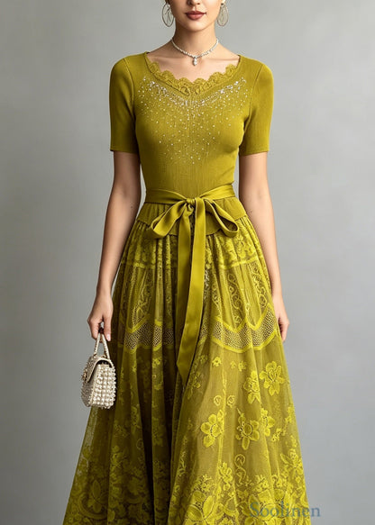Chic Green Zircon Lace Patchwork Tie Waist Knit Dresses Summer