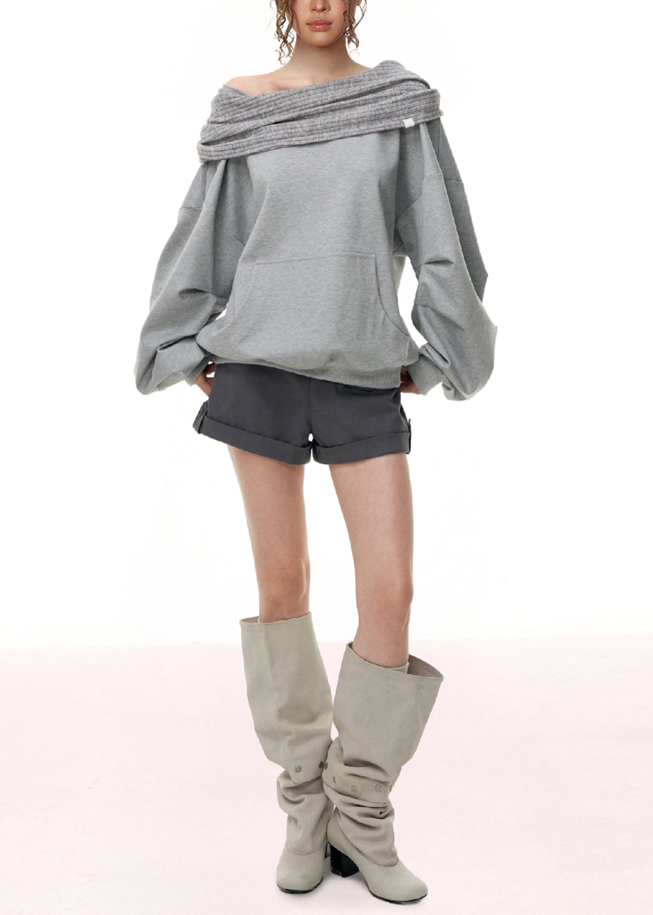 Chic Grey Cold Shoulder Patchwork Cotton Sweatshirt Fall