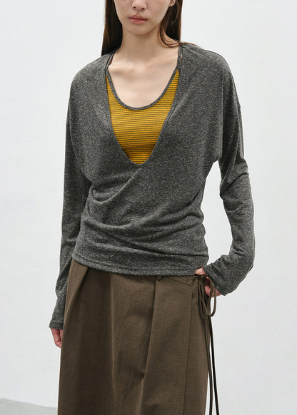 Chic Grey False Two Pieces Patchwork Cotton T Shirts Spring
