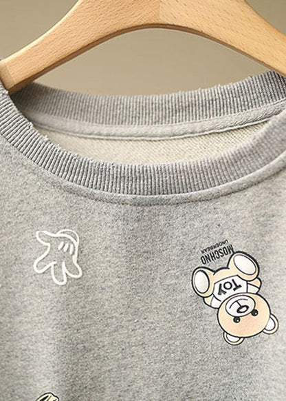 Schicker grauer lockerer O-Ausschnitt-Print Herbstpullover Street Wear