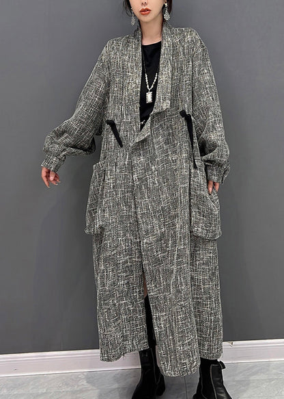 Chic Grey Notched Plaid Button Trench Coats Fall