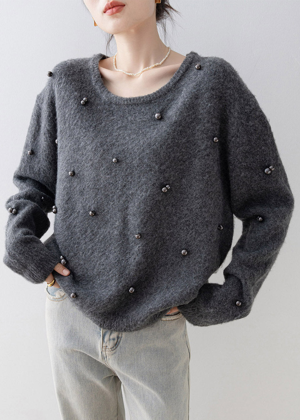 Chic Grey O Neck Nail Bead Knit Sweater Spring