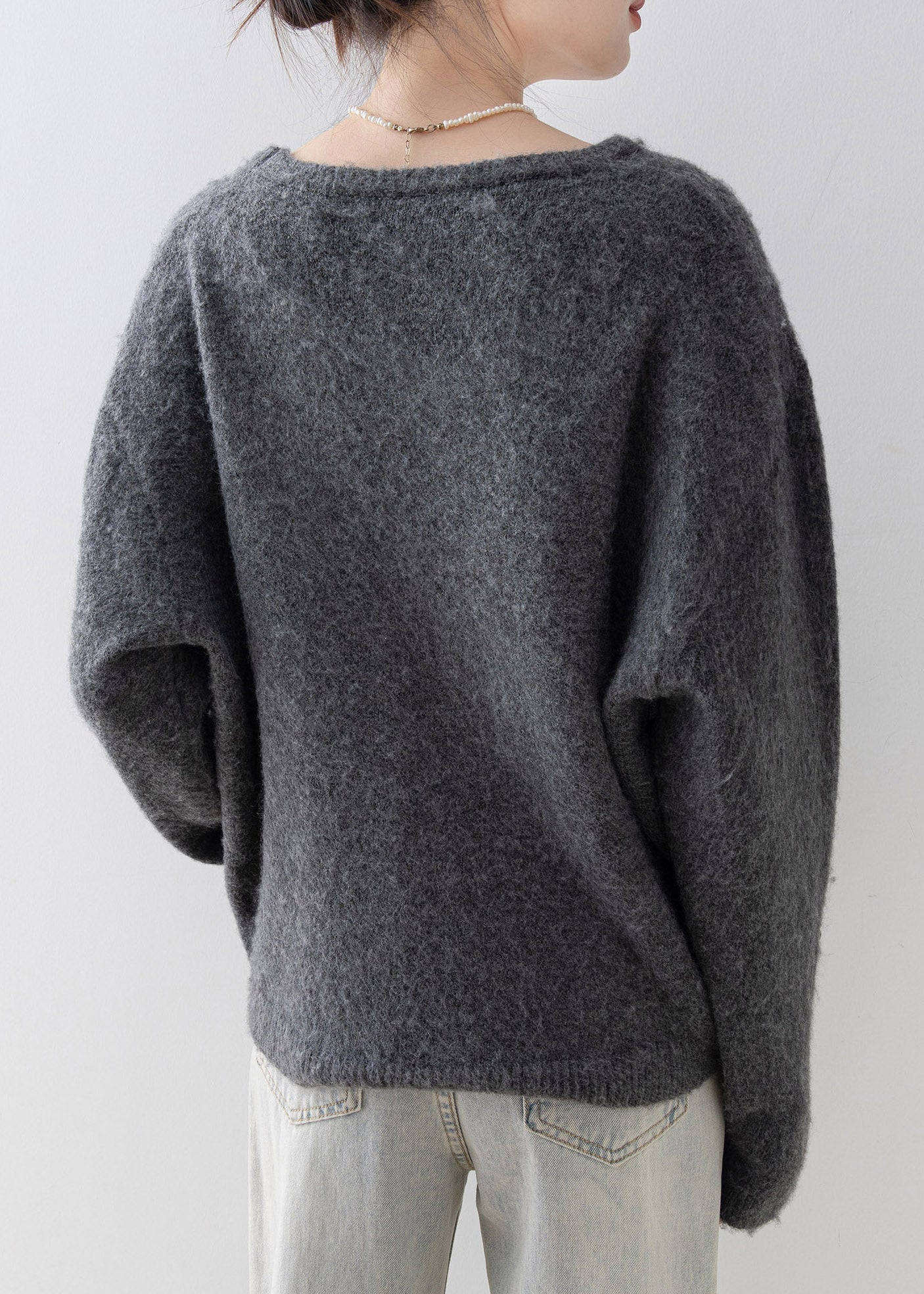 Chic Grey O Neck Nail Bead Knit Sweater Spring