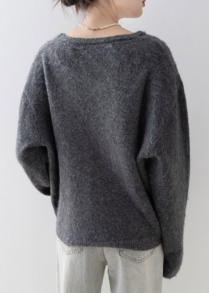 Chic Grey O Neck Nail Bead Knit Sweater Spring