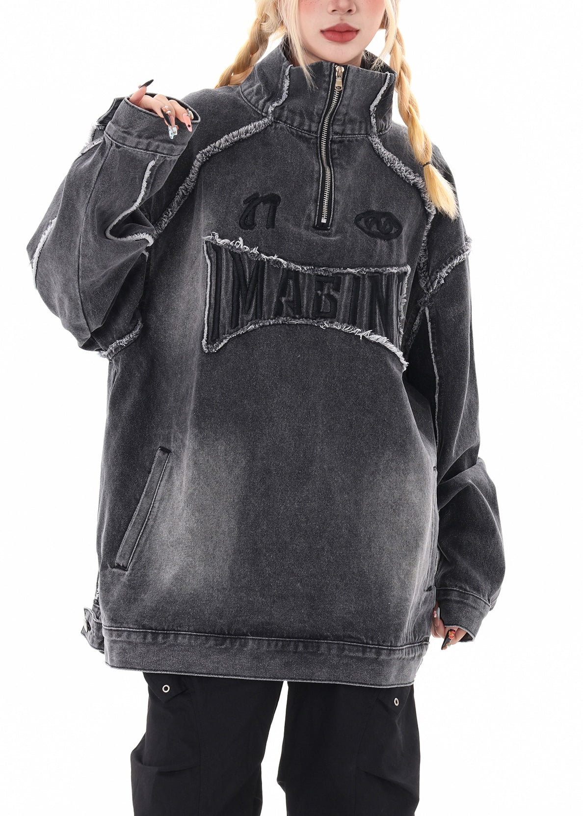 Chic Grey Oversized Stand Collar Embroidered Denim Pullover Coats Spring