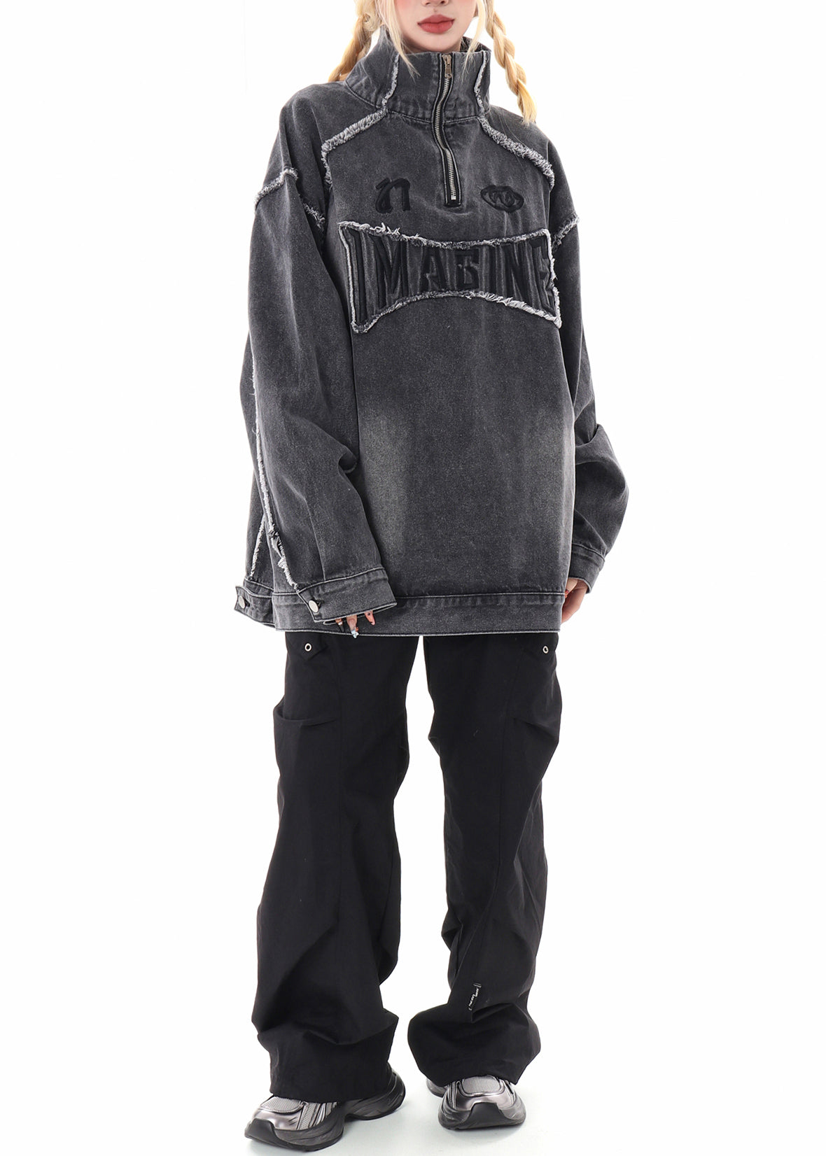 Chic Grey Oversized Stand Collar Embroidered Denim Pullover Coats Spring