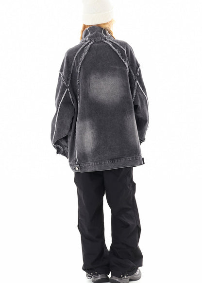 Chic Grey Oversized Stand Collar Embroidered Denim Pullover Coats Spring