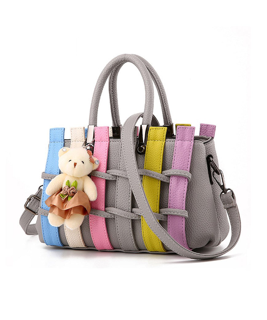 Chic Grey Patchwork Faux Leather Tote Handbag