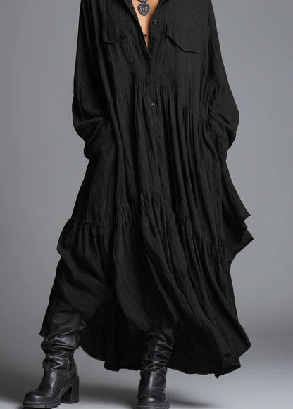 Chic Grey Peter Pan Collar Wrinkled Patchwork Cotton Dress Long Sleeve