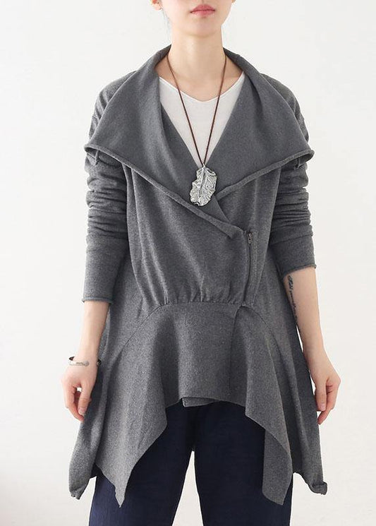 Chic Grey Peter Pan Collar Zippered Fall Short Coat - SooLinen
