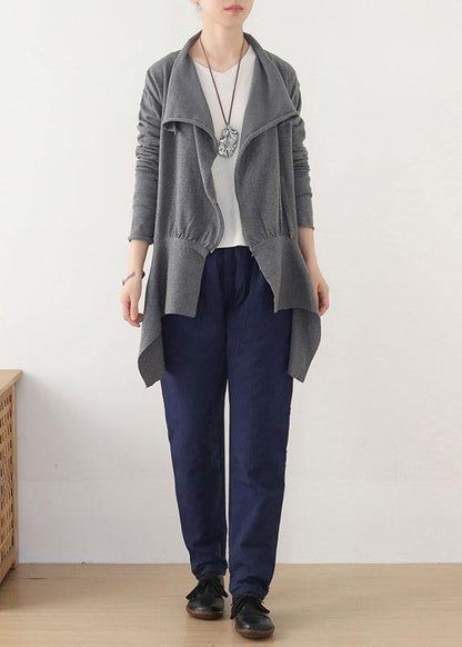 Chic Grey Peter Pan Collar Zippered Fall Short Coat - SooLinen