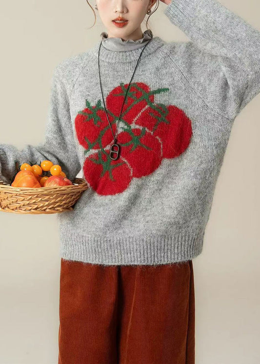 Schicke, graue, grob gestrickte Oversize-Tops mit Print für den Winter