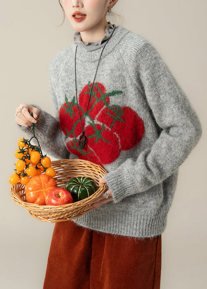 Schicke, graue, grob gestrickte Oversize-Tops mit Print für den Winter