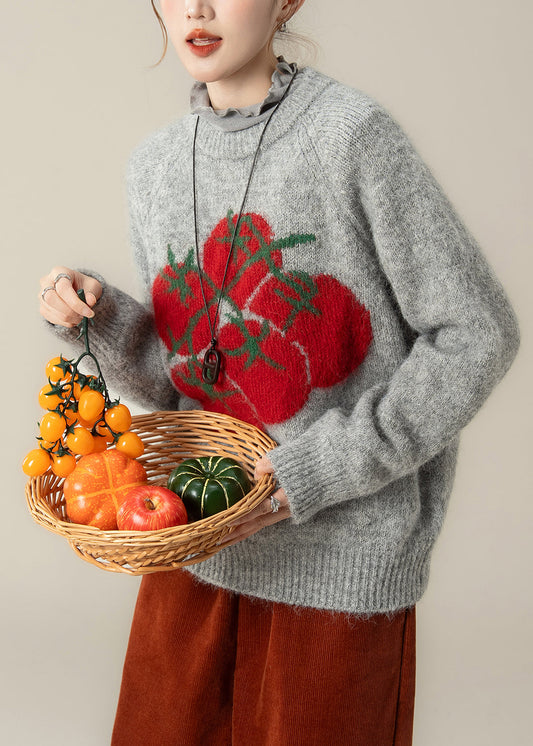 Schicke, graue, grob gestrickte Oversize-Tops mit Print für den Winter