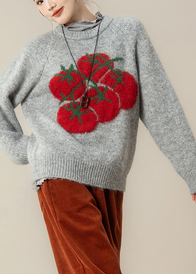 Schicke, graue, grob gestrickte Oversize-Tops mit Print für den Winter