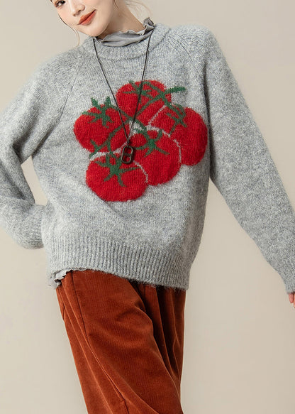 Schicke, graue, grob gestrickte Oversize-Tops mit Print für den Winter