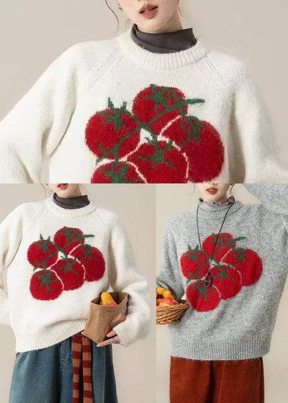 Schicke, graue, grob gestrickte Oversize-Tops mit Print für den Winter