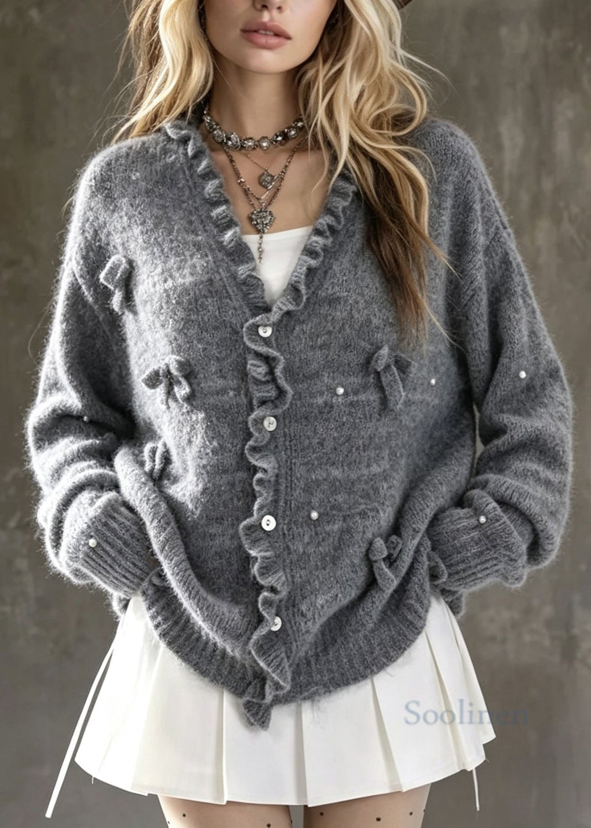 Chic Grey Ruffled Bow Nail Bead Patchwork Knit Cardigans Fall