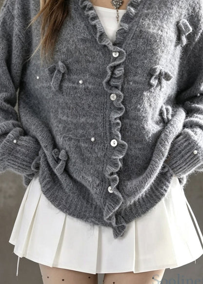 Chic Grey Ruffled Bow Nail Bead Patchwork Knit Cardigans Fall