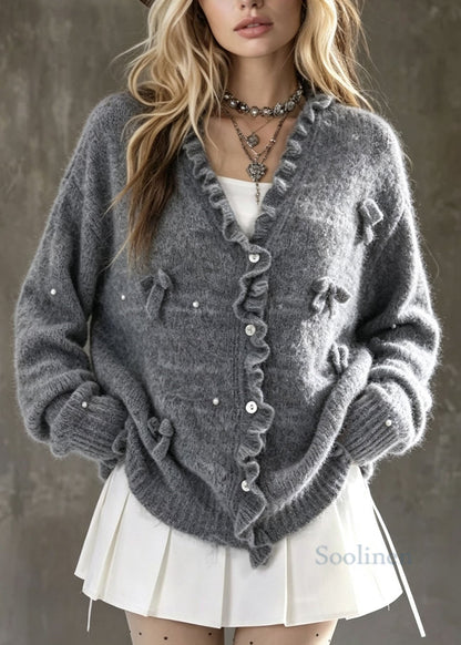 Chic Grey Ruffled Bow Nail Bead Patchwork Knit Cardigans Fall
