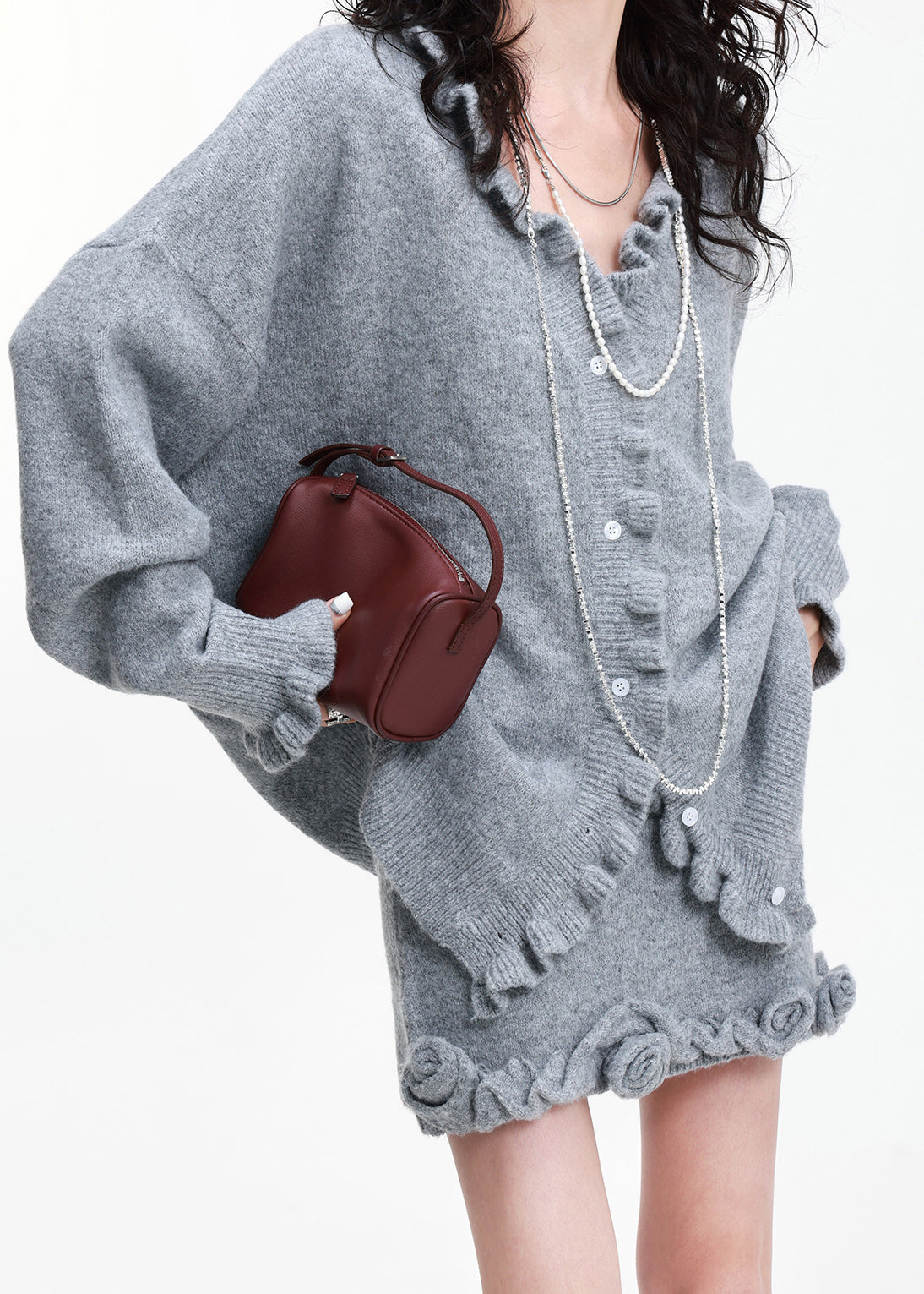 Chic Grey Ruffled Flower Decorated Knit Cardigan And Skirt 2 Piece Outfit Winter