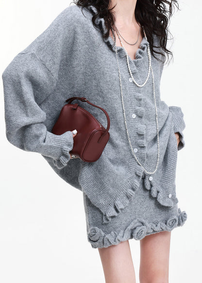 Chic Grey Ruffled Flower Decorated Knit Cardigan And Skirt 2 Piece Outfit Winter