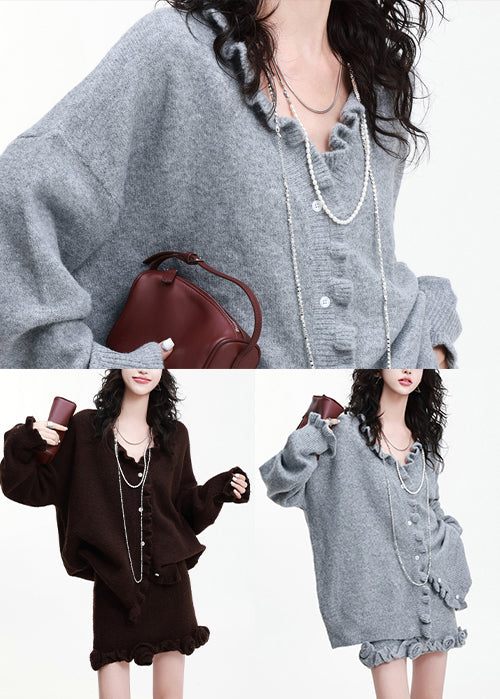 Chic Grey Ruffled Flower Decorated Knit Cardigan And Skirt 2 Piece Outfit Winter