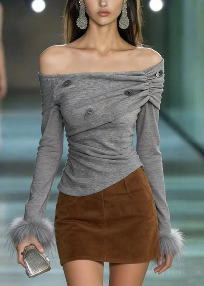 Chic Grey Slash Neck Fur Patchwork Sequins Cotton T Shirts Spring