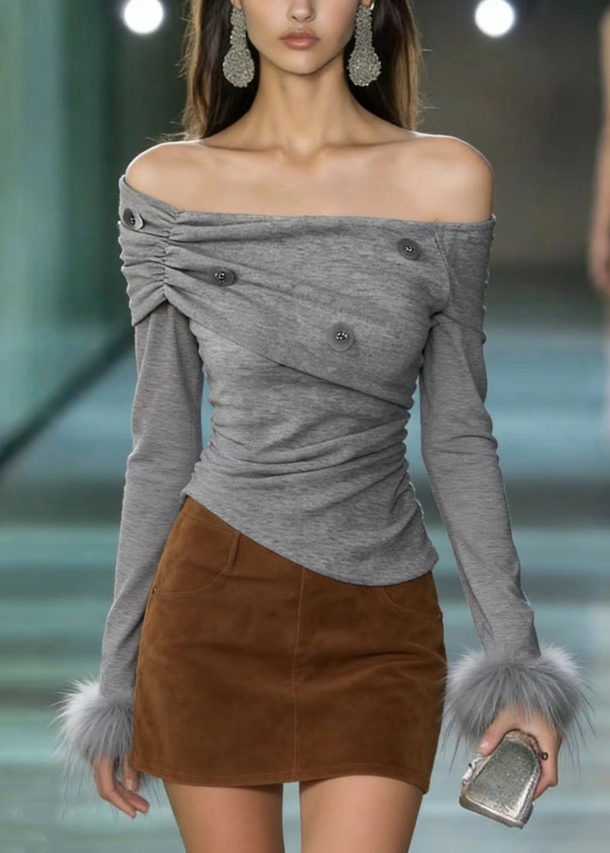 Chic Grey Slash Neck Fur Patchwork Sequins Cotton T Shirts Spring