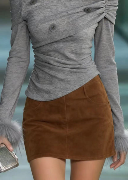 Chic Grey Slash Neck Fur Patchwork Sequins Cotton T Shirts Spring