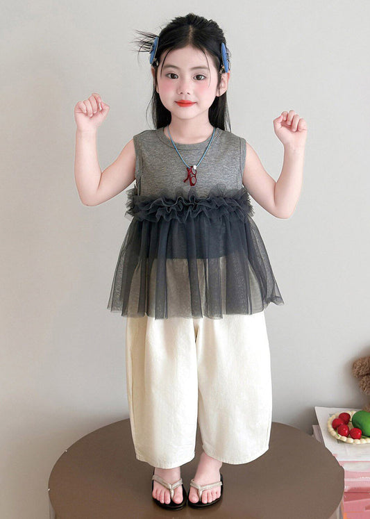 Chic Grey Tulle Patchwork Kids Top And Wide Leg Pants Two Pieces Set Sleeveless