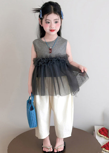 Chic Grey Tulle Patchwork Kids Top And Wide Leg Pants Two Pieces Set Sleeveless