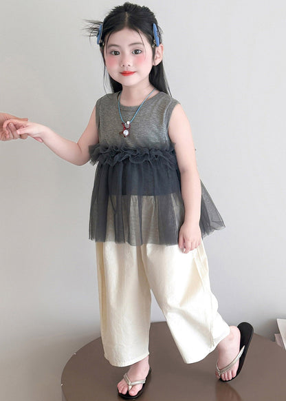 Chic Grey Tulle Patchwork Kids Top And Wide Leg Pants Two Pieces Set Sleeveless