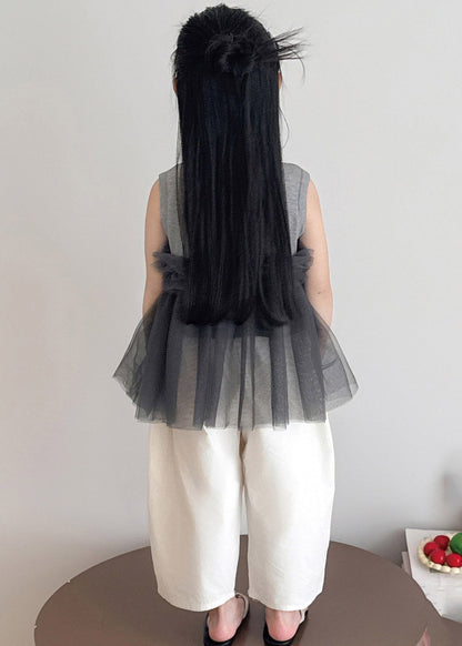 Chic Grey Tulle Patchwork Kids Top And Wide Leg Pants Two Pieces Set Sleeveless