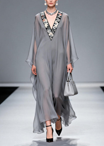 Chic Grey V Neck Patchwork Chiffon Long Dress Spring
