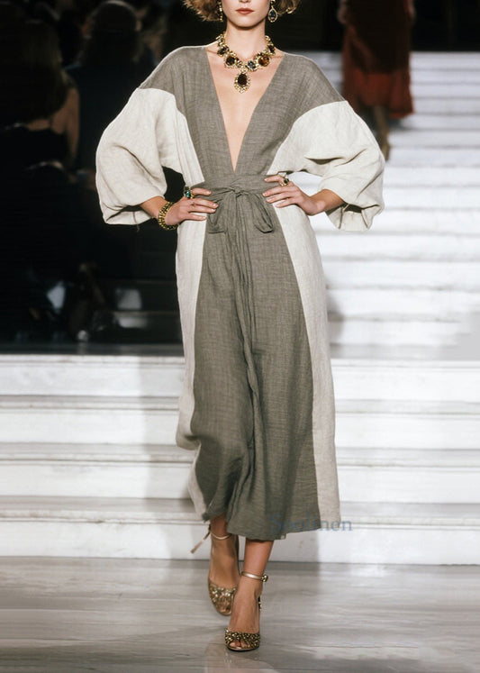 Elegantes graues langes Patchwork-Baumwollkleid mit V-Ausschnitt für den Sommer