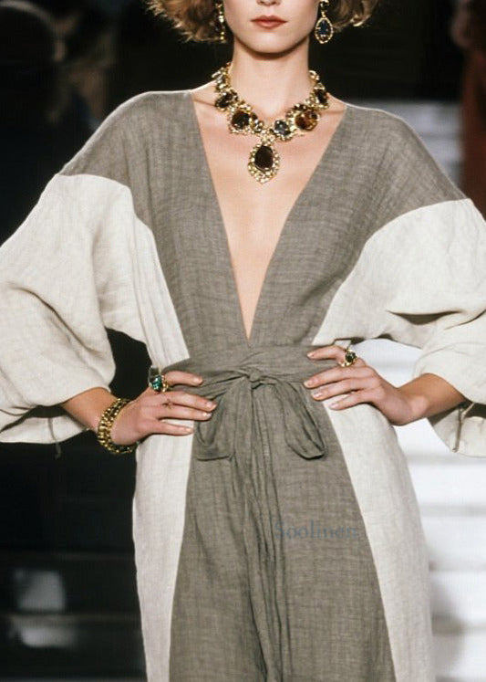 Elegantes graues langes Patchwork-Baumwollkleid mit V-Ausschnitt für den Sommer