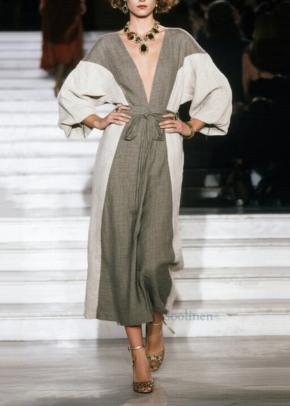 Elegantes graues langes Patchwork-Baumwollkleid mit V-Ausschnitt für den Sommer