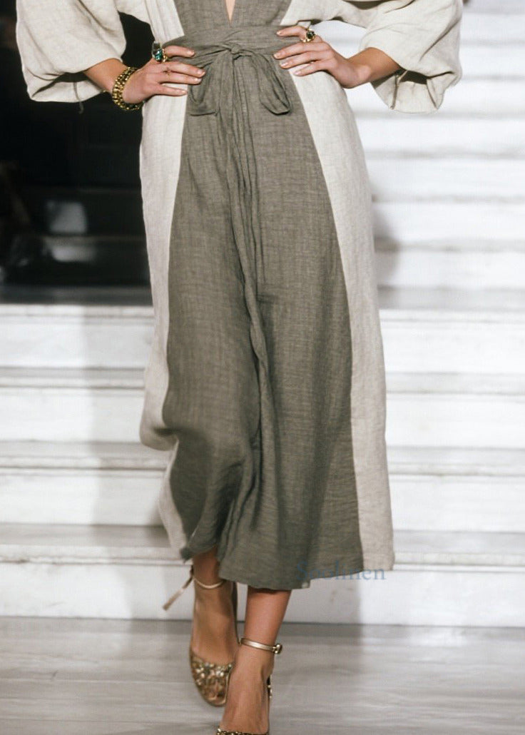 Elegantes graues langes Patchwork-Baumwollkleid mit V-Ausschnitt für den Sommer