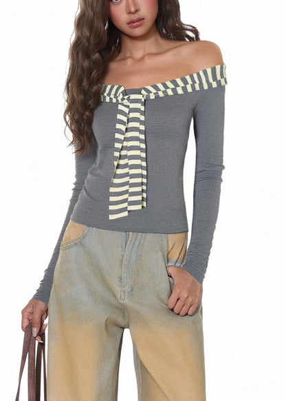 Chic Grey Yellow Striped Patchwork T Shirt Long Sleeve