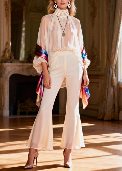 Chic Hign Neck Patchwork Silk Women Sets 2 Pieces Spring