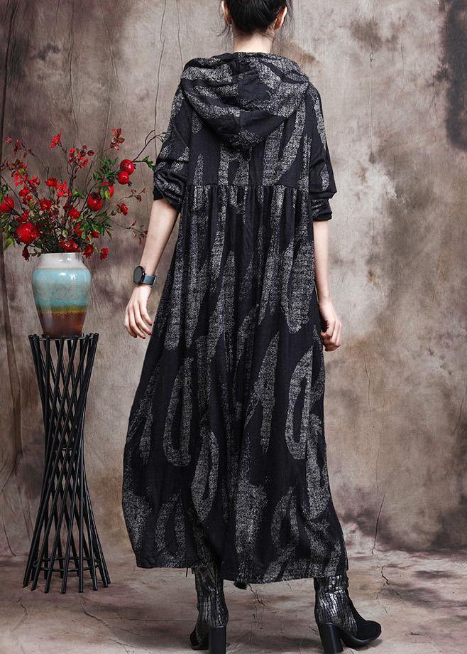 Chic Hoodie Baggy Maxi Dresses Black Print Long Dresses - SooLinen