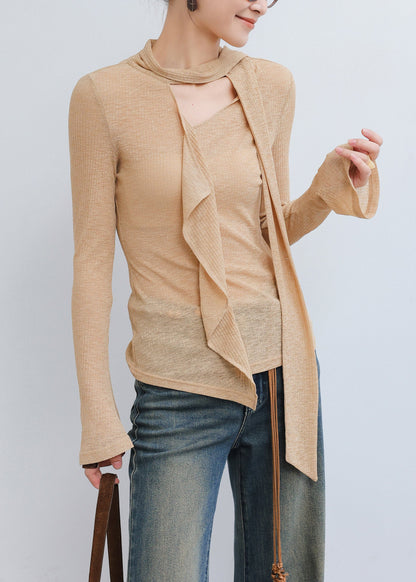 Chic Khaki Asymmetrical Cotton Blouse Top Spring
