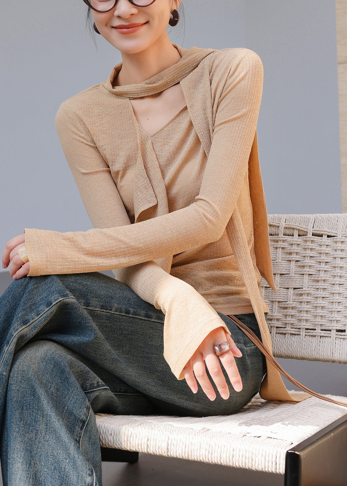 Chic Khaki Asymmetrical Cotton Blouse Top Spring