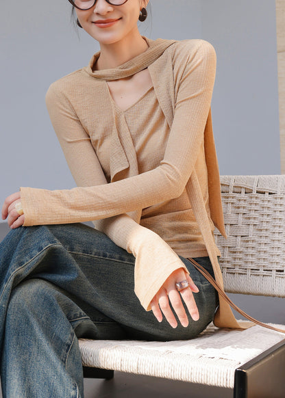 Chic Khaki Asymmetrical Cotton Blouse Top Spring