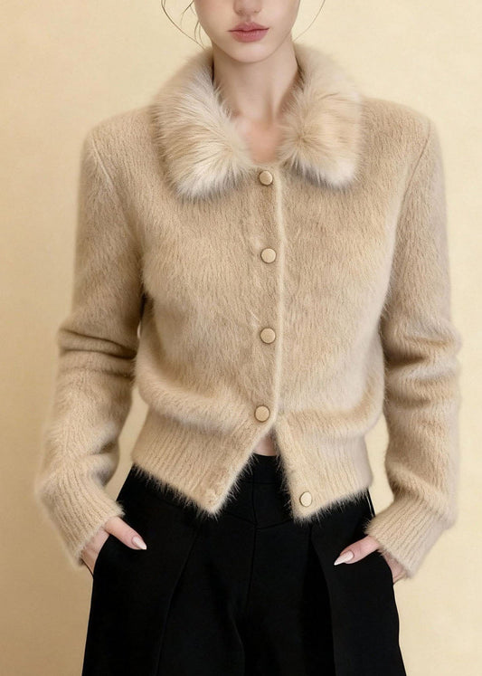 Chic Khaki Button Solid Mink Hair Knitted Cardigans Long Sleeve