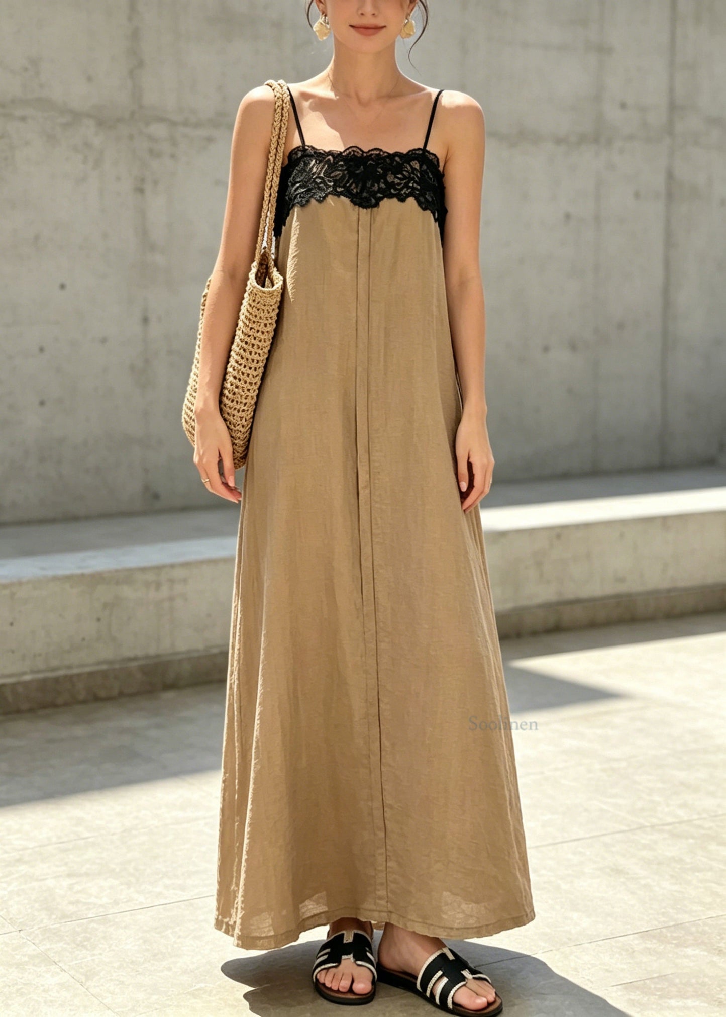 Chic Khaki Lace Patchwork Cotton Spaghetti Strap Dress Summer